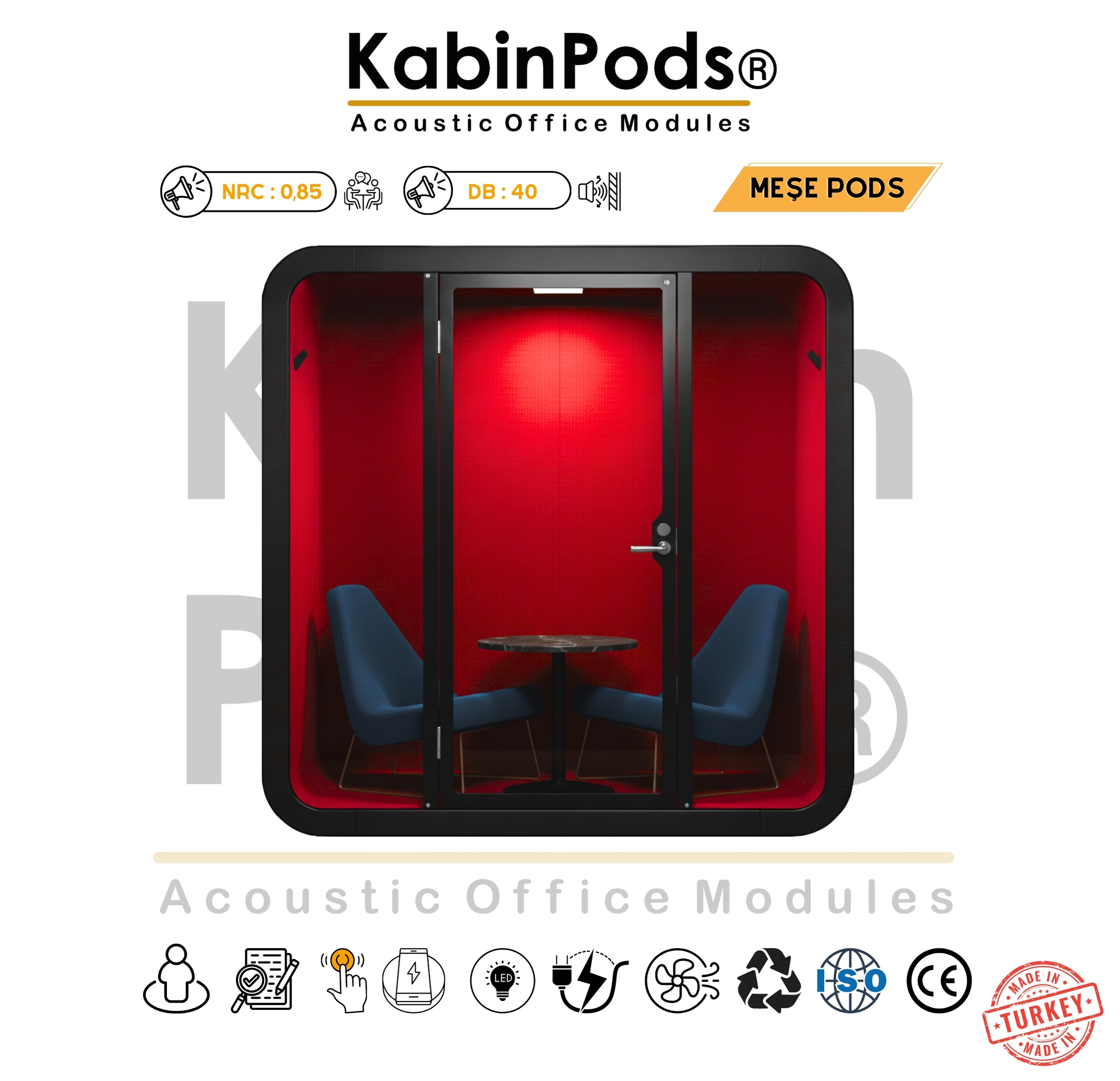 Modern bir ofiste konumlandırılmış KabinPods toplantı kabini